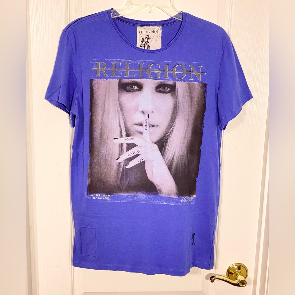 Religion London Shut Up Graphic Contrast Stitch Tee Blue Men’s Medium
